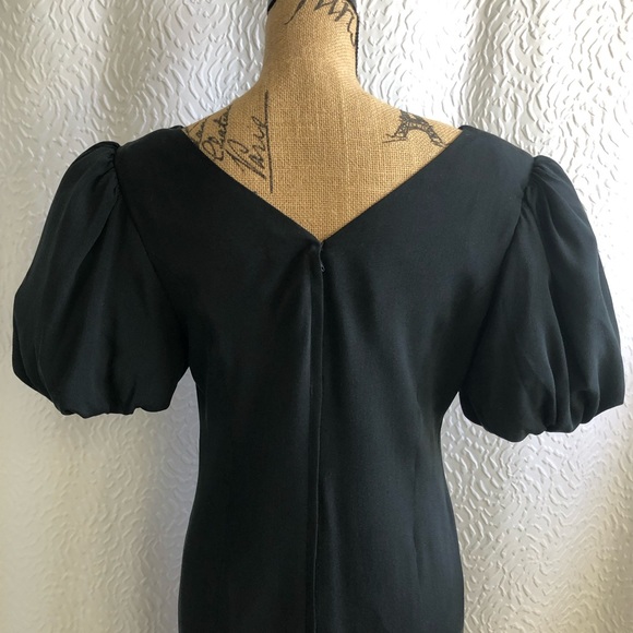 Vintage Black Square Sweatheart Neckline Puff Sleeve 100% Midi Silk Dress - Picture 6 of 16